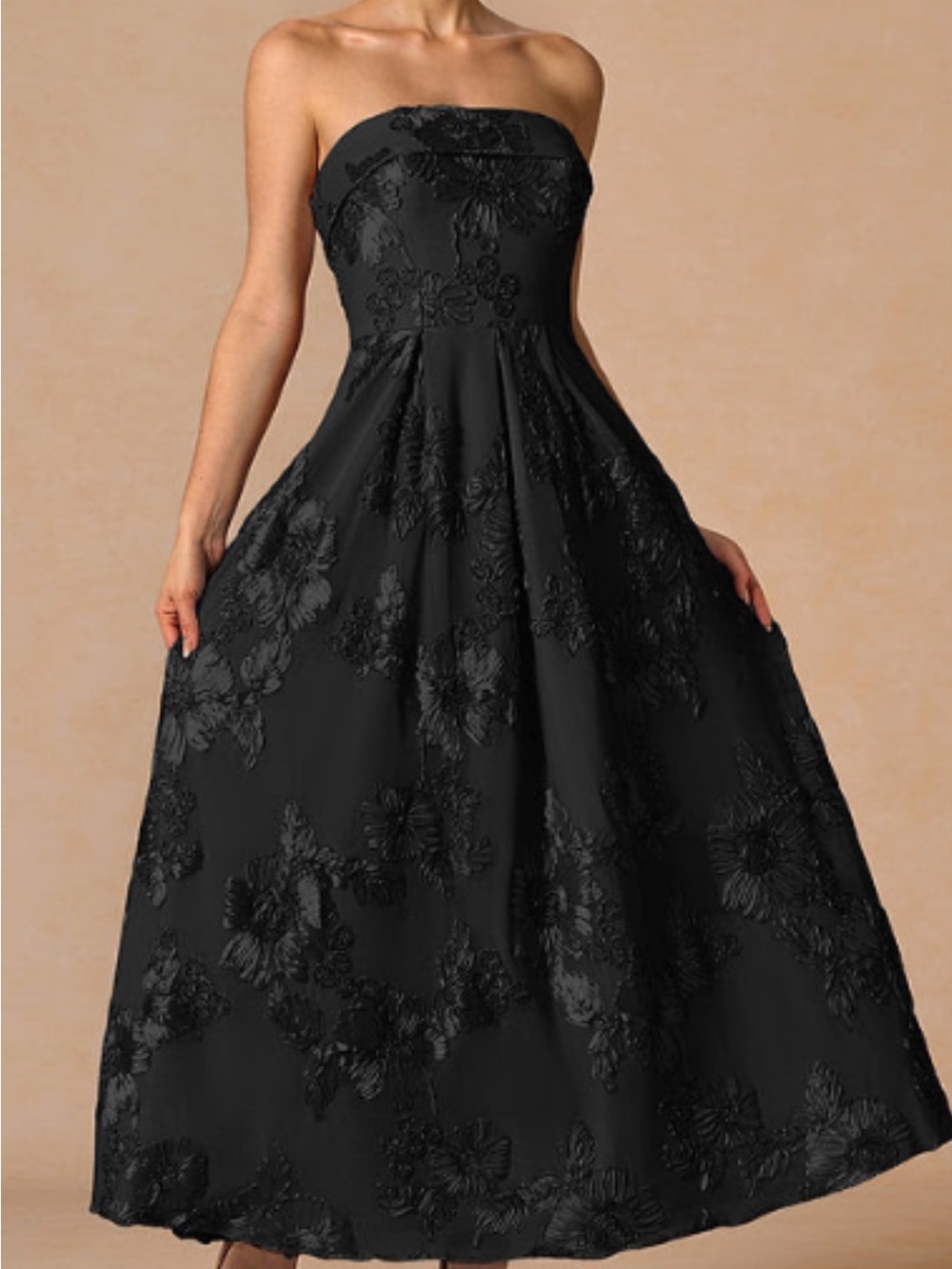 Azazie Black Strapless Floral Jacquard A-Line Gown